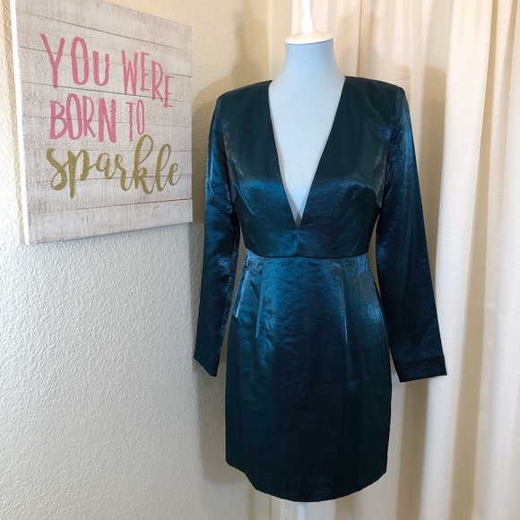 ASOS Dresses & Skirts - ASOS Metallic Teal Dress Plunging V-Neck, Size 6